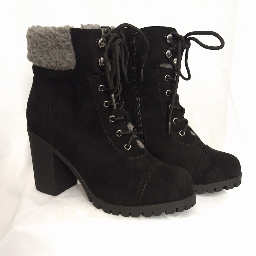 Cozy Dream Pairs Black Suede Sherpa Lined Lace-up/Zip-up Chunk Heel Boot, Size 8